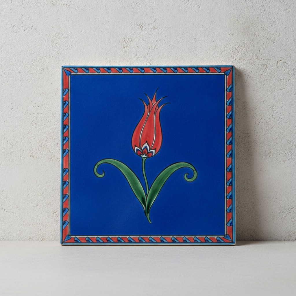 Yalın Lale karosu: kobalt zemin üzerinde tek gövdeli el yapımı lale, 20×20 cm
