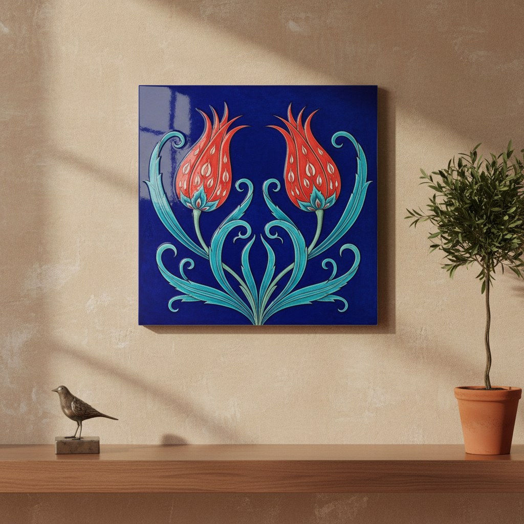 İkiz Lale panosu: simetrik çift lale deseni, 40×40 cm kobalt duvar panosu